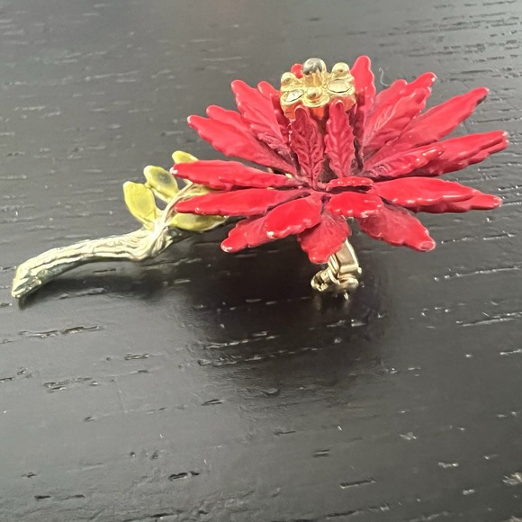 Vintage Red Enamel Rhinestone Gold Toned Flower Brooch Pin 1960's MCM Retro 2" - Picture 8 of 13